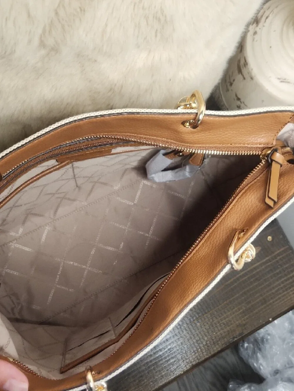 Michael Kors Cream Canvas Tote with Tan Leather Pocket